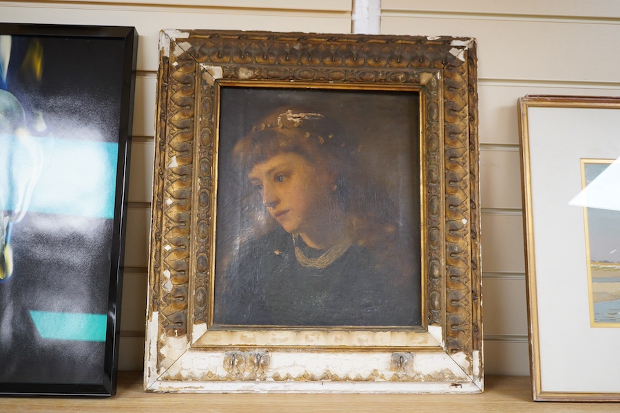 19th century School, oil on canvas, Portrait of a young woman, indistinctly signed A Pulver....? and dated 1882, 34 x 29cm. Condition - poor